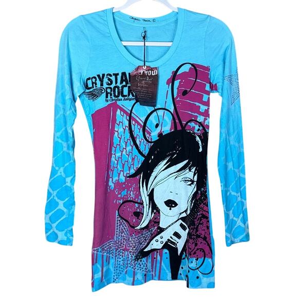 Crystal Rock Christian Audigier Rocker Girl Blue Long Sleeve Top SZ Small NWT - Picture 1 of 13